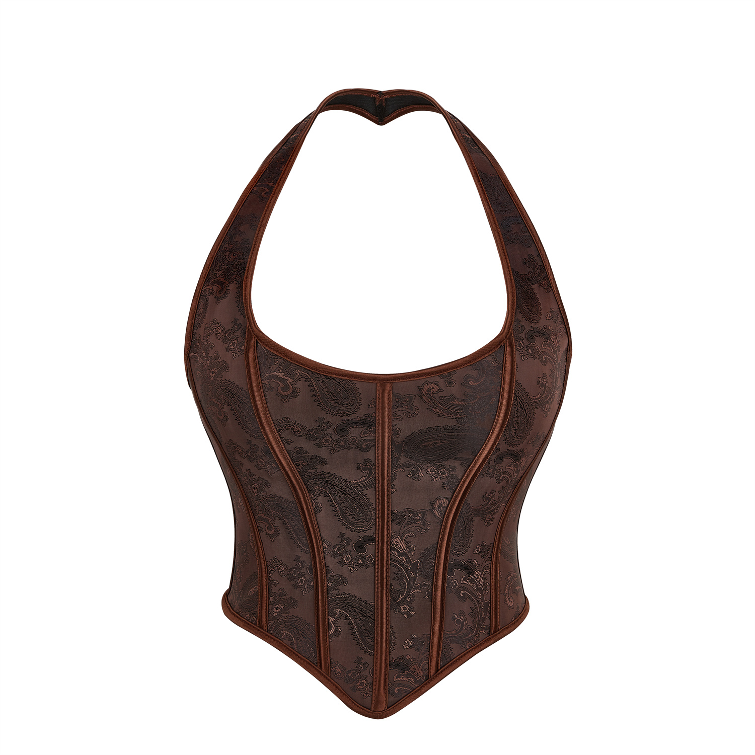 Womens Vintage Halter Lace-Up Corset Top - Brown Jacquard Bustier